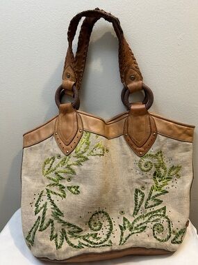 Canvas Tote Bag with Green Embroidered Leaf Motif and Tan Leather Trim